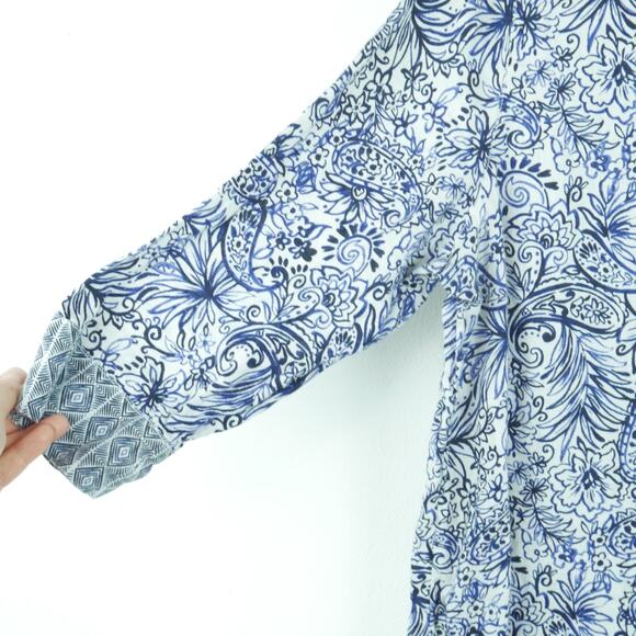 Sigrid Olsen M Top 100% Linen Beachy Relaxed Blue Floral Split Neck 3/4 Sleeve - Picture 5 of 7